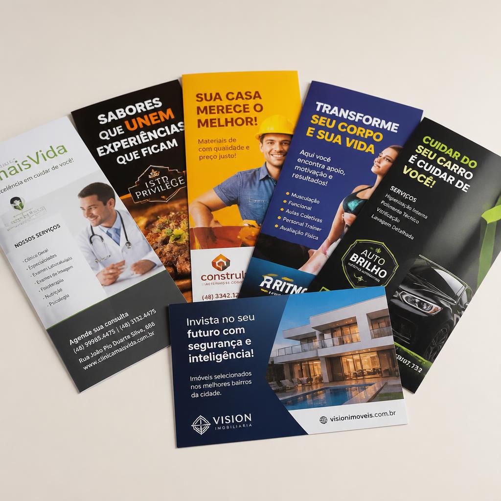 Panfletos e flyers coloridos com impressão profissional